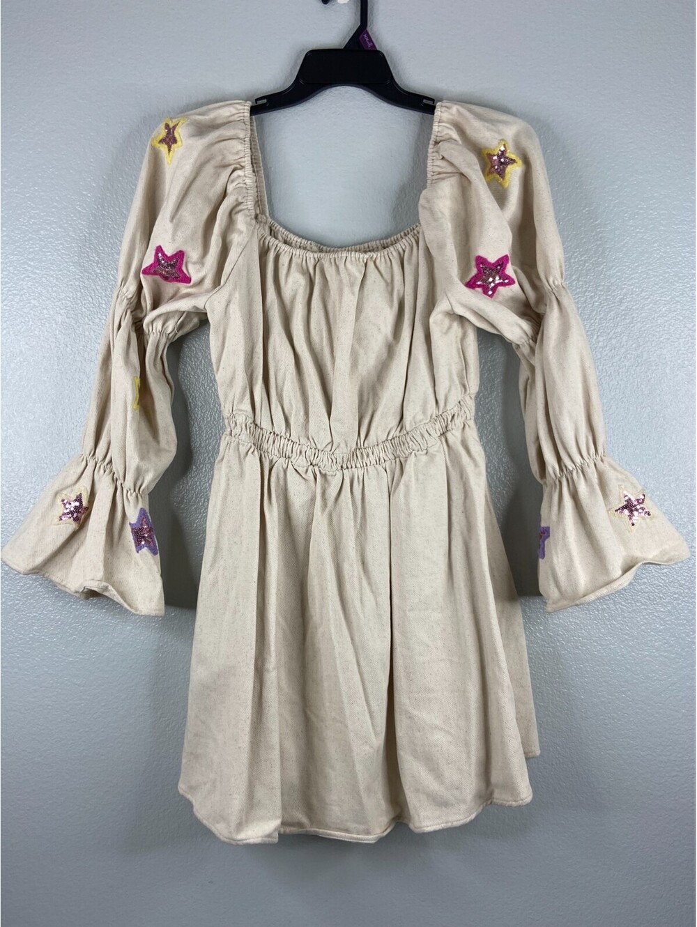 Fantastic Fawn Women Large Beige Dress Babydoll Sequin Star Puff Sleeve Canvas